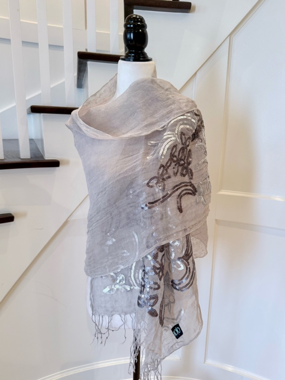 Grey Gauze Scarf Wrap with Silver Sequins